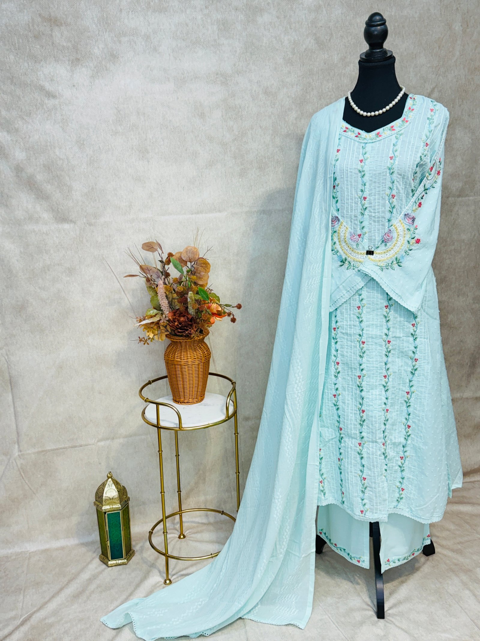Pastel Aqua Blue Floral Embroidered Cotton Suit Set